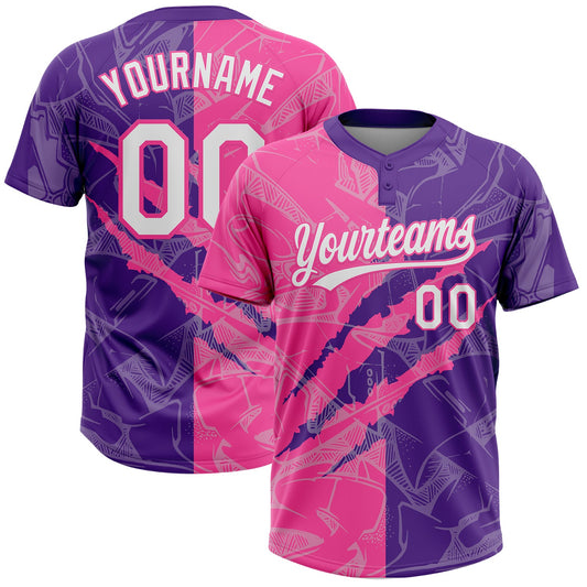Maxcorners Custom Graffiti Pattern White Purple-Pink 3D Scratch Two-Button Unisex Softball Jersey LM2605