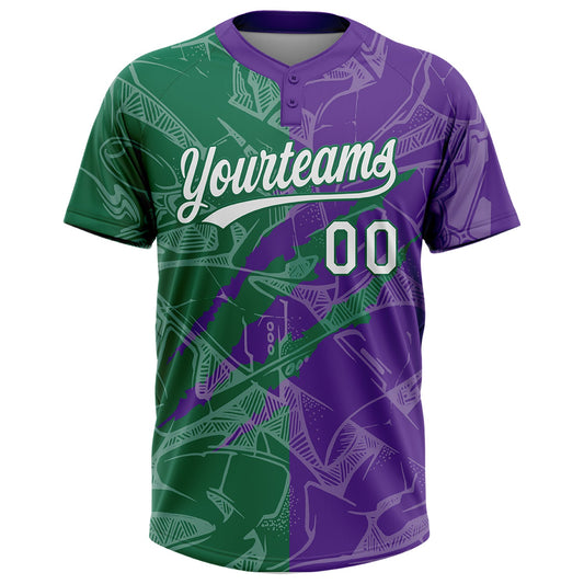 Maxcorners Custom Graffiti Pattern White Purple-Kelly Green 3D Scratch Two-Button Unisex Softball Jersey LM2605
