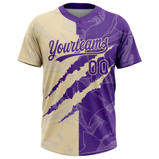 Maxcorners Custom Graffiti Pattern Purple-Cream 3D Scratch Two-Button Unisex Softball Jersey LM2605