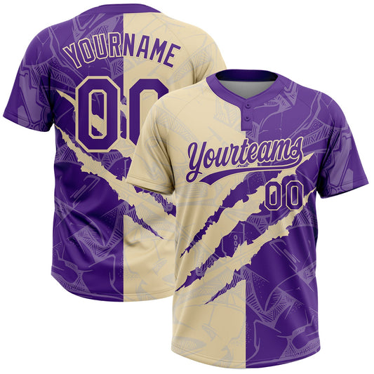 Maxcorners Custom Graffiti Pattern Purple-Cream 3D Scratch Two-Button Unisex Softball Jersey LM2605