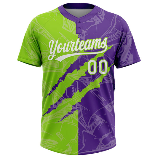 Maxcorners Custom Graffiti Pattern White Purple-Neon Green 3D Scratch Two-Button Unisex Softball Jersey LM2605