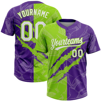 Maxcorners Custom Graffiti Pattern White Purple-Neon Green 3D Scratch Two-Button Unisex Softball Jersey LM2605
