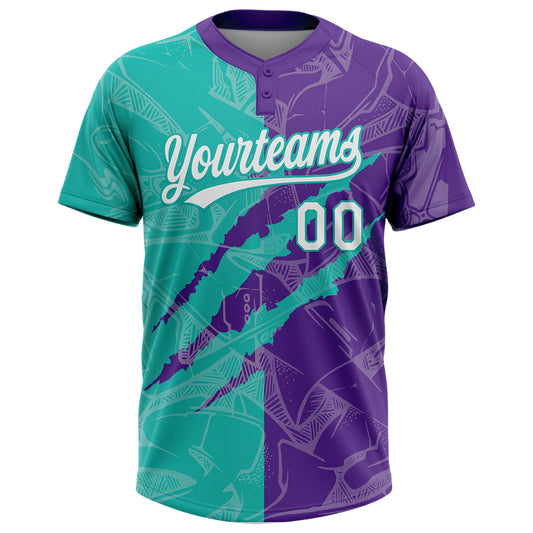 Maxcorners Custom Graffiti Pattern White Purple-Aqua 3D Scratch Two-Button Unisex Softball Jersey LM2605