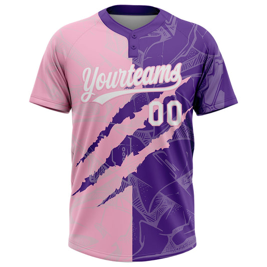Maxcorners Custom Graffiti Pattern White Purple-Light Pink 3D Scratch Two-Button Unisex Softball Jersey LM2605