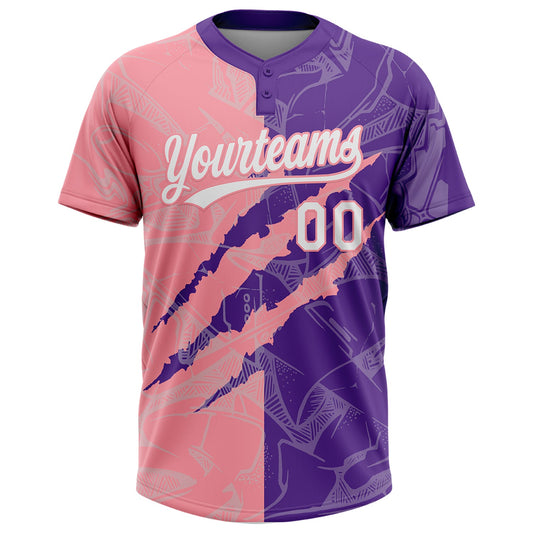 Maxcorners Custom Graffiti Pattern White Purple-Medium Pink 3D Scratch Two-Button Unisex Softball Jersey LM2605