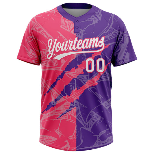 Maxcorners Custom Graffiti Pattern White Purple-Neon Pink 3D Scratch Two-Button Unisex Softball Jersey LM2605