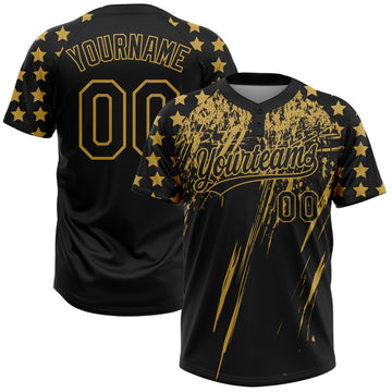 Maxcorners Custom Black Old Gold Distressed Scratch Brush Stroke Star Raglan Sleeves Two-Button Unisex Softball Jersey LM2605