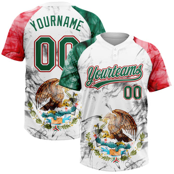 Maxcorners Custom White Kelly Green-Red Mexico Two-Button Unisex Softball Jersey LM2605