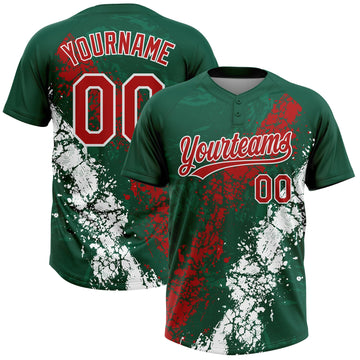 Maxcorners Custom Kelly Green Red-White Mexico Dripping Splatter Cracked Texture Two-Button Unisex Softball Jersey LM2605