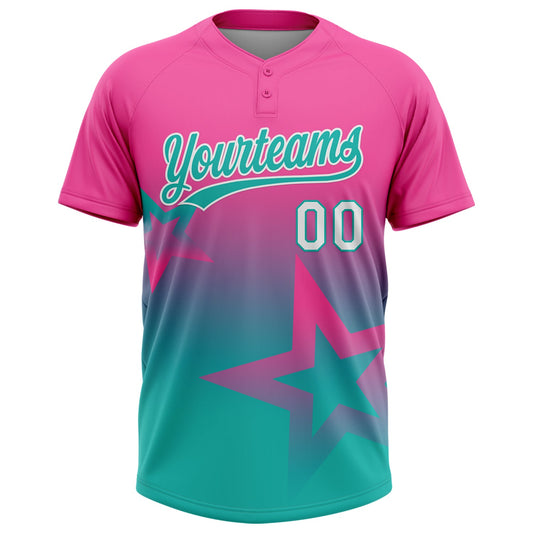 Maxcorners Custom Pink Aqua-White Gradient Style Twinkle Star Two-Button Unisex Softball Jersey LM2605