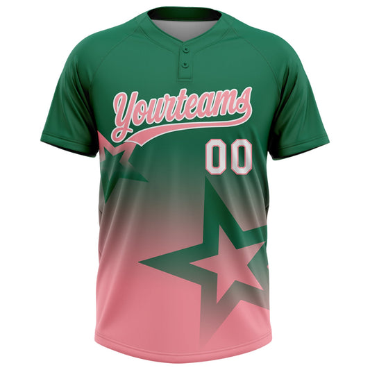 Maxcorners Custom Kelly Green Medium Pink-White Gradient Style Twinkle Star Two-Button Unisex Softball Jersey LM2605
