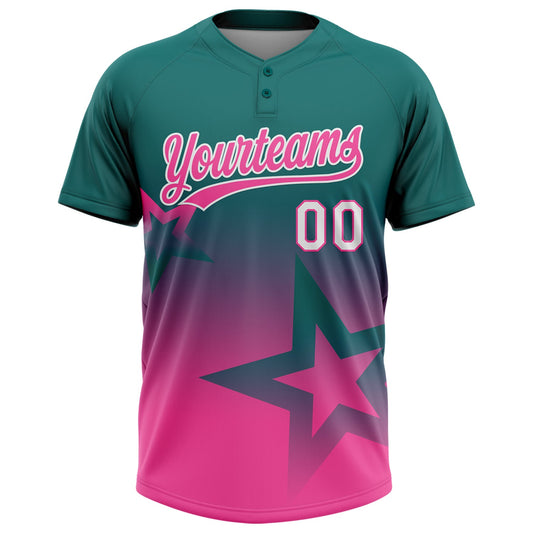 Maxcorners Custom Teal Pink-White Gradient Style Twinkle Star Two-Button Unisex Softball Jersey LM2605