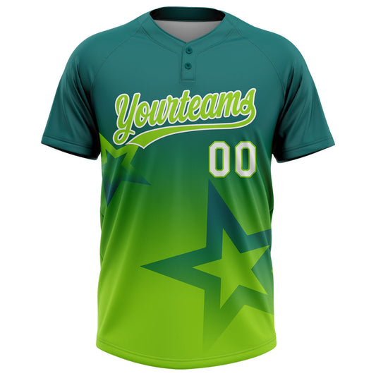 Maxcorners Custom Teal Neon Green-White Gradient Style Twinkle Star Two-Button Unisex Softball Jersey LM2605