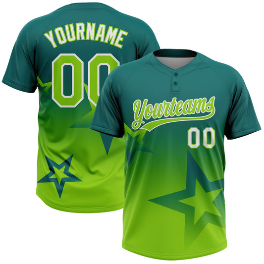 Maxcorners Custom Teal Neon Green-White Gradient Style Twinkle Star Two-Button Unisex Softball Jersey LM2605