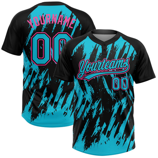 Maxcorners Custom Black Lakes Blue-Pink Splatter Torn Sharp Brush Stroke Two-Button Unisex Softball Jersey LM2605