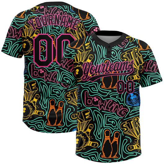 Maxcorners Custom Black Pink Bowling 3D Pattern Design Two-Button Unisex Softball Jersey LM2605