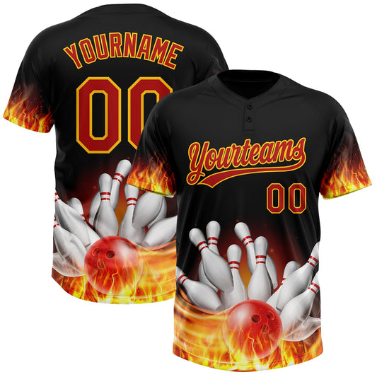 Maxcorners Custom Black Red-Yellow Flame Bowling 3D Pattern Design Two-Button Unisex Softball Jersey LM2605