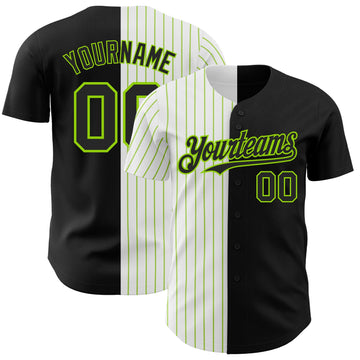 Maxcorners Custom Black White-Neon Green Pinstripe Authentic Split Fashion Baseball Jersey LM2605