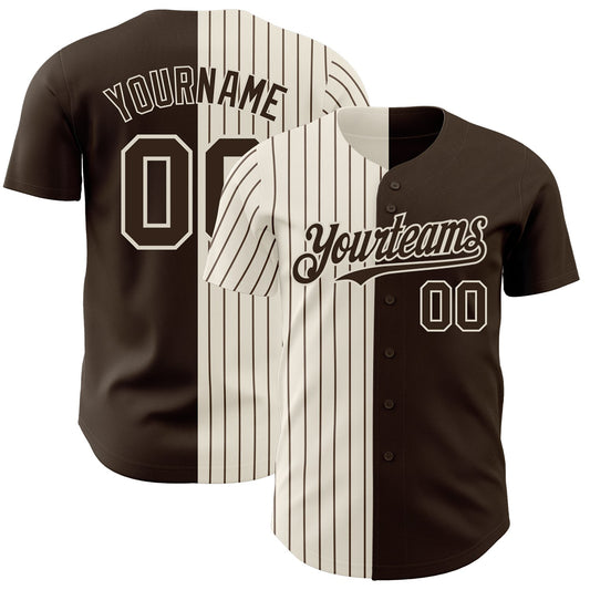 Maxcorners Custom Brown Cream-Brown Pinstripe Authentic Split Fashion Baseball Jersey LM2605