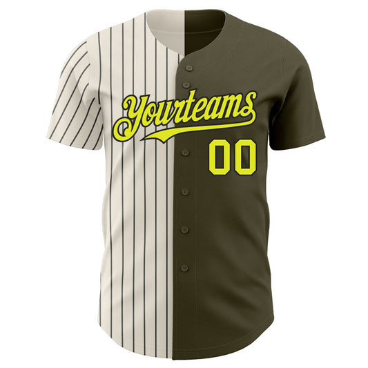 Maxcorners Custom Olive Neon Yellow Cream-Black Pinstripe Authentic Split Fashion Salute To Service Baseball Jersey LM2605