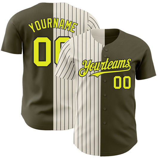 Maxcorners Custom Olive Neon Yellow Cream-Black Pinstripe Authentic Split Fashion Salute To Service Baseball Jersey LM2605