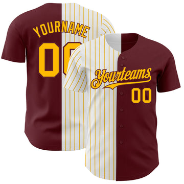 Maxcorners Custom Burgundy White-Gold Pinstripe Authentic Split Fashion Baseball Jersey LM2605