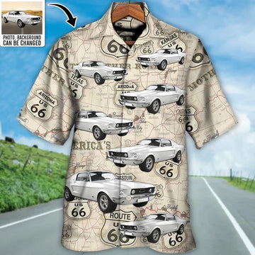 Maxcorners Personalized Muscle Car Hawaiian Shirt, "Route 66 and America Map" Custom Photo Car Aloha Shirts