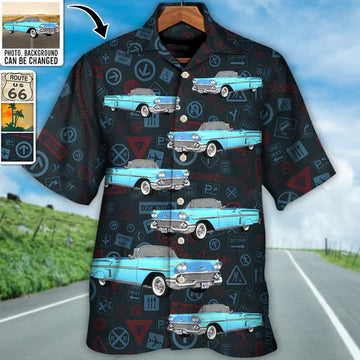 Maxcorners Personalized Muscle Car Hawaiian Shirt "Seamless Route 66 Signs" Custom Photo Car Aloha Shirts