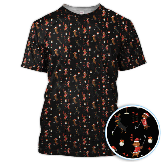 Maxcorners Christmas Dachshund Pattern Polos, Funny Xmas Wiener Dog Golf Shirt, Festive Golf Gift For Men