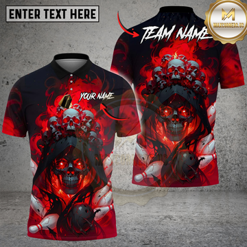 Maxcorners Bowling Grim Reaper Skull Stacked Skulls Crown Flaming Red Smoke Multi Options Personalized Name, Team Name Unisex 3D Shirt (4 Colors)