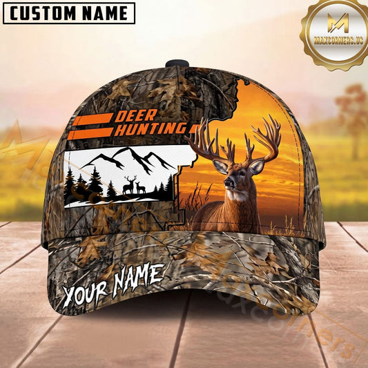 Maxcorners Deer Hunting Buck Sunset Woodland Camo Personalized Name Unisex 3D Cap