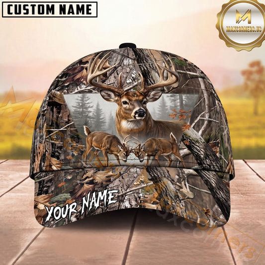 Maxcorners Deer Hunting Whitetail Bucks Forest Camo Personalized Name Unisex 3D Cap (4 Colors)