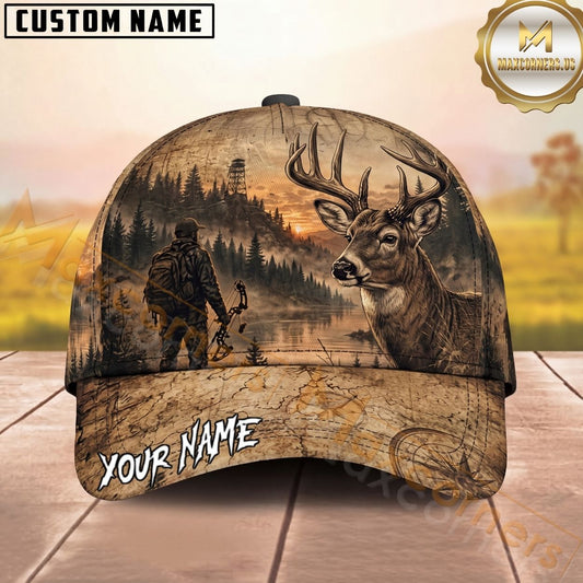 Maxcorners Bow Hunting Whitetail Moose Vintage Forest Personalized Name Unisex 3D Cap