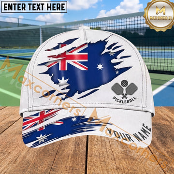 Maxcorners Pickleball Cap Ripped Australia Flag Patriotic Design Personalized Name 3D Cap