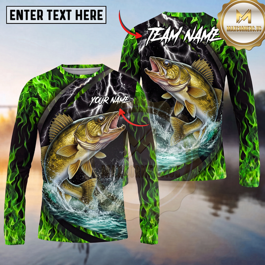 Maxcorners Fishing Neon Green Flame Thunder Multicolor Options Personalized Name, Team Name 3D Shirt (12 Fish Species)