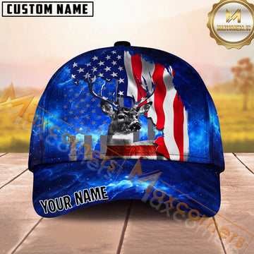 Maxcorners Hunting Cap Whitetail Buck American Flag Galaxy Design Multi Options Personalized Name 3D Cap
