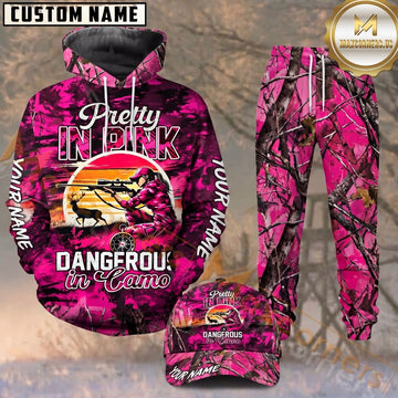 Maxcorners Hunting Pretty in Pink Female Hunter Hot Pink Camo Pattern Personalized 3D Combo Hoodie, Sweatpants Set & Cap