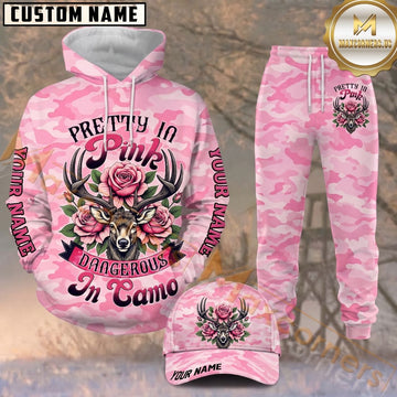 Maxcorners Hunting Pretty in Pink Floral Deer Light Pink Camo Pattern Personalized 3D Combo Hoodie, Sweatpants Set & Cap