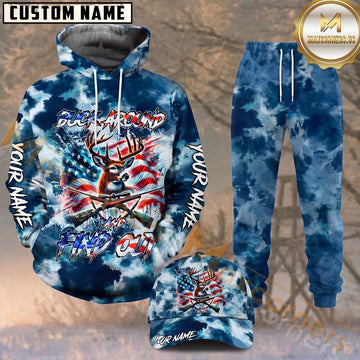 Maxcorners Hunting Buck Around American Flag Blue Tie Dye Pattern Personalized 3D Combo Hoodie, Sweatpants Set & Cap