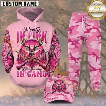 Maxcorners Hunting Pretty in Pink Deer & Rifles Pink Camo Pattern Personalized 3D Combo Hoodie, Sweatpants Set & Cap