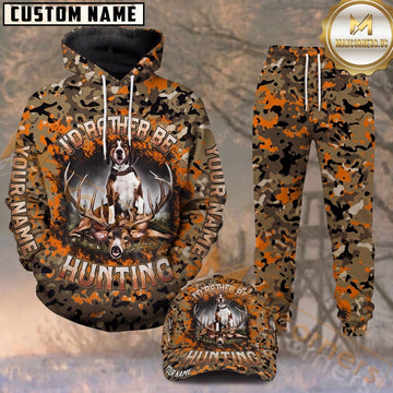 Maxcorners Hunting Hunting Dog & Deer Orange Brown Camo Pattern Personalized 3D Combo Hoodie, Sweatpants Set & Cap