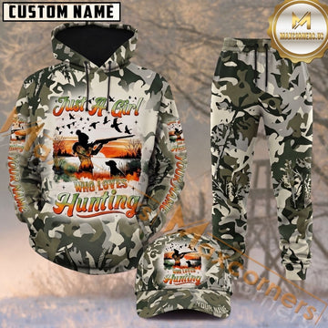 Maxcorners Hunting Just a Girl Hunter Green White Camo Pattern Personalized 3D Combo Hoodie, Sweatpants Set & Cap