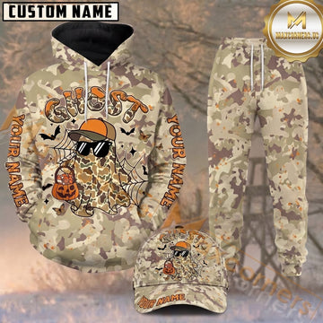 Maxcorners Hunting Camo Ghost Halloween Beige Orange Pattern Personalized 3D Combo Hoodie, Sweatpants Set & Cap
