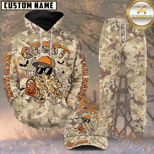 Maxcorners Hunting Camo Ghost Halloween Beige Orange Pattern Personalized 3D Combo Hoodie, Sweatpants Set & Cap