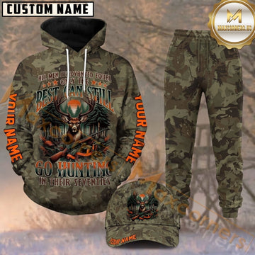 Maxcorners Hunting Best Men Deer Hunter Dark Green Camo Pattern Personalized 3D Combo Hoodie, Sweatpants Set & Cap
