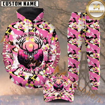 Maxcorners Hunting Buck Around Deer Pink Yellow Camo Pattern Personalized 3D Combo Hoodie, Sweatpants Set & Cap