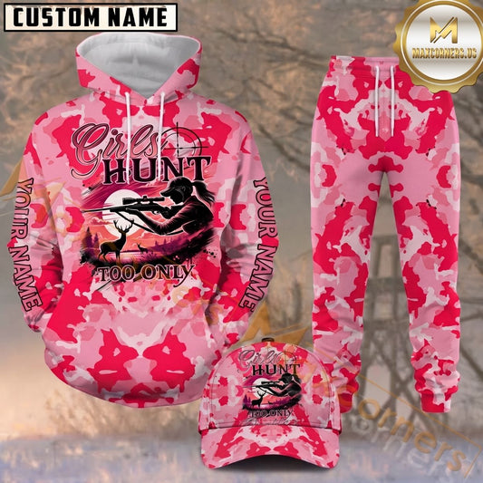 Maxcorners Hunting Girls Hunt Pink Camo Female Hunter Pattern Personalized 3D Combo Hoodie, Sweatpants Set & Cap