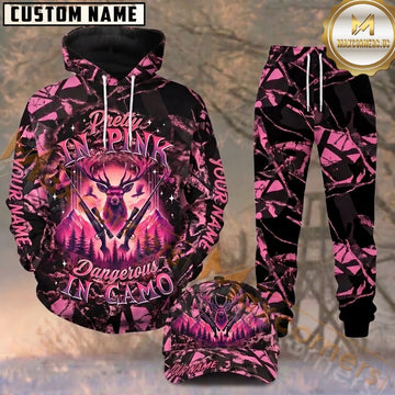 Maxcorners Hunting Pretty in Pink Deer & Rifles Black Pink Forest Camo Pattern Personalized 3D Combo Hoodie, Sweatpants Set & Cap
