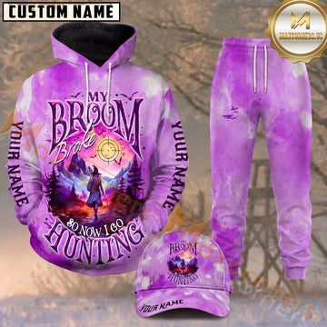 Maxcorners Hunting Purple Witch Broom Watercolor Personalized 3D Combo Hoodie, Sweatpants Set & Cap