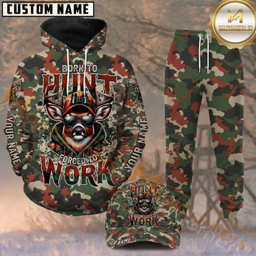 Maxcorners Hunting Born To Hunt Green Camo Deer Personalized 3D Combo Hoodie, Sweatpants Set & Cap
